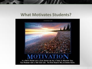 Factors that Influence LearningSchool-Level Factors:• A Guaranteed and Viable Curriculum• Challenging Goals and Effective Feedback• Parent and Community Involvement• Safe and Orderly Environment• Collegiality and ProfessionalismSource: What Works in Schools: Translating Research into Action by: Robert J. Marzano