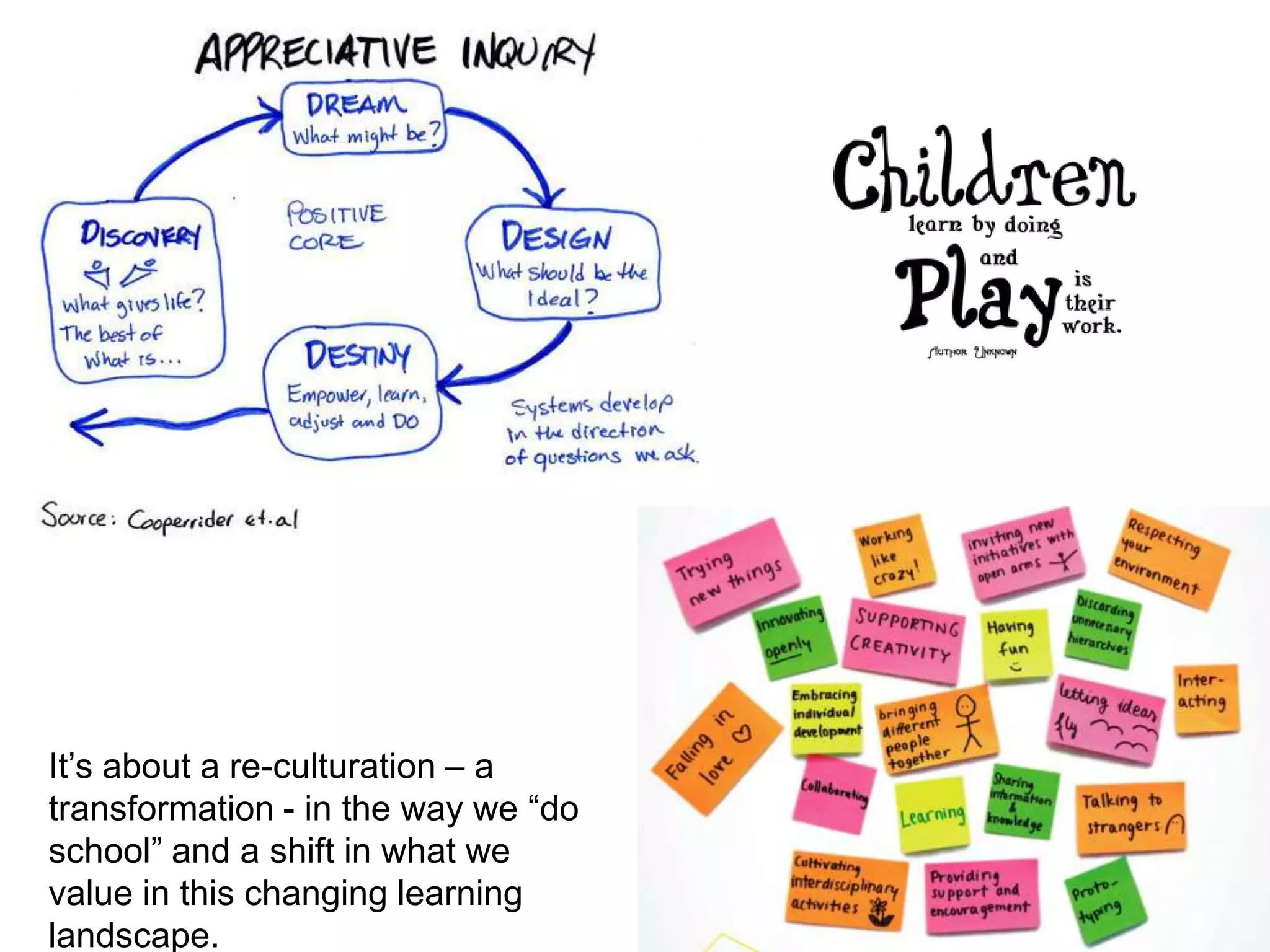 It’s about a re-culturation – a transformation - in the way we “do school” and a shift in what we value in this changing learning landscape. 