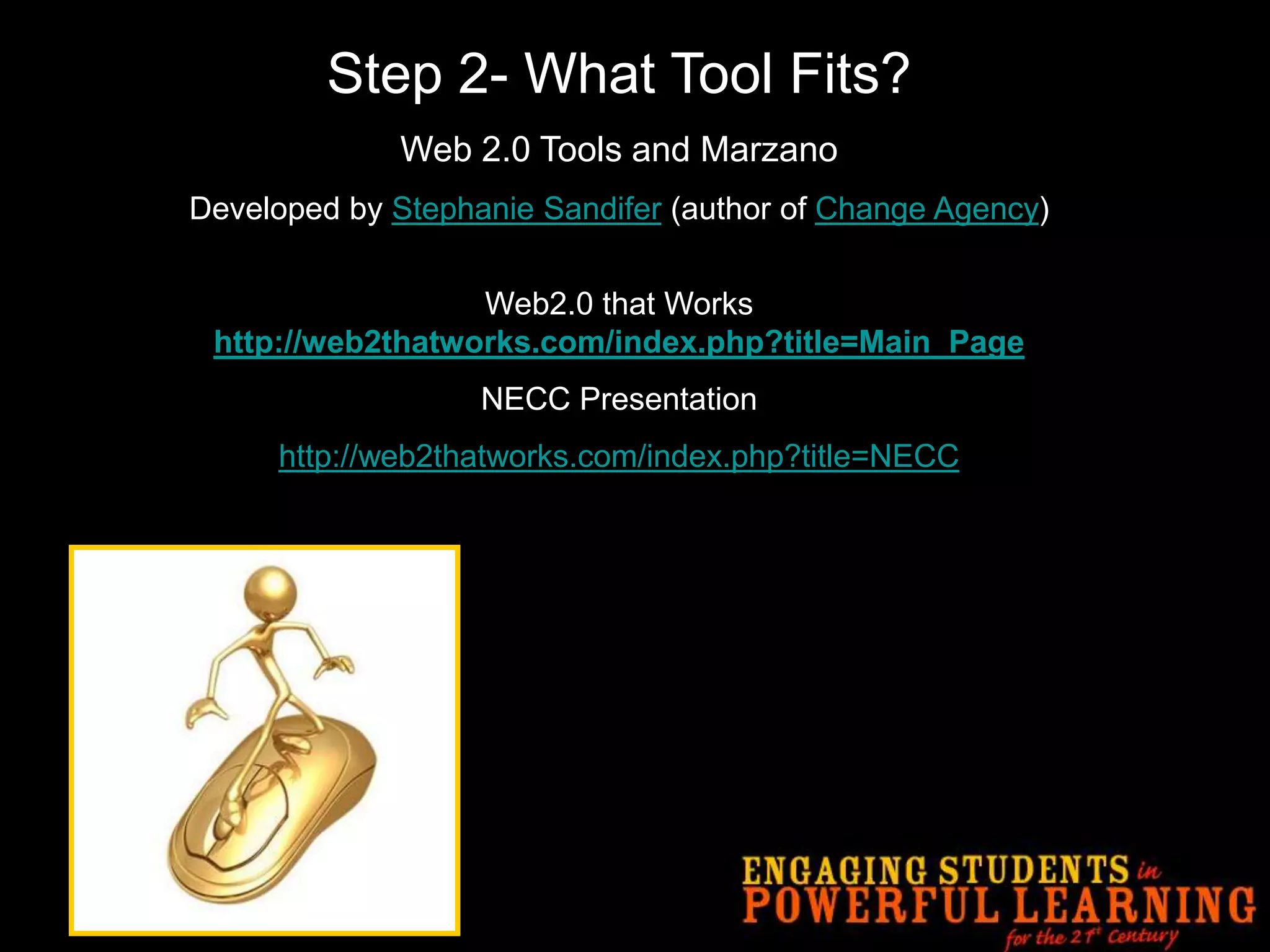 Step 2- What Tool Fits?Web 2.0 Tools and MarzanoDeveloped by Stephanie Sandifer (author of Change Agency)Web2.0 that Workshttp://web2thatworks.com/index.php?title=Main_PageNECC Presentationhttp://web2thatworks.com/index.php?title=NECC