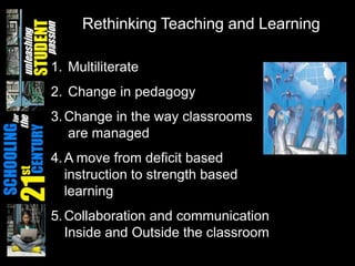 Rethinking Teaching and Learning Multiliterate Change in pedagogyChange in the way classrooms are managedA move from deficit based instruction to strength based learningCollaboration and communication Inside and Outside the classroom