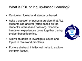 What is PBL or Inquiry-based Learning?
• Curriculum fueled and standards based.
• Asks a question or poses a problem that ALL
students can answer (often based on the
student’s interest and passion). Concrete,
hands-on experiences come together during
project-based learning.
• Allows students to investigate issues and
topics in real-world problems.
• Fosters abstract, intellectual tasks to explore
complex issues.
 