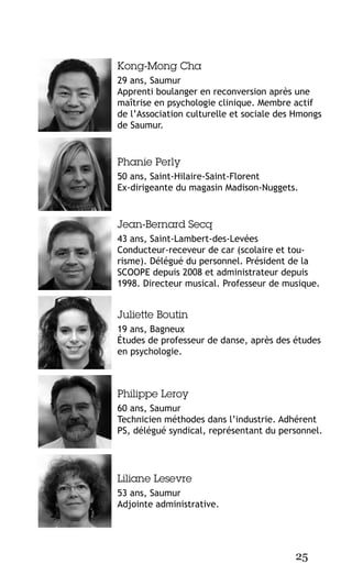 Kong-Mong Cha
29 ans, Saumur
Apprenti boulanger en reconversion après une
maîtrise en psychologie clinique. Membre actif
de l’Association culturelle et sociale des Hmongs
de Saumur.

Phanie Perly
50 ans, Saint-Hilaire-Saint-Florent
Ex-dirigeante du magasin Madison-Nuggets.

Jean-Bernard Secq
43 ans, Saint-Lambert-des-Levées
Conducteur-receveur de car (scolaire et tourisme). Délégué du personnel. Président de la
SCOOPE depuis 2008 et administrateur depuis
1998. Directeur musical. Professeur de musique.

Juliette Boutin
19 ans, Bagneux
Études de professeur de danse, après des études
en psychologie.

Philippe Leroy
60 ans, Saumur
Technicien méthodes dans l’industrie. Adhérent
PS, délégué syndical, représentant du personnel.

Liliane Lesevre
53 ans, Saumur
Adjointe administrative.

25

 