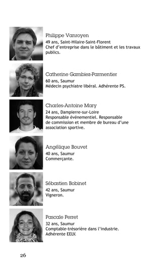 Philippe Vanroyen
49 ans, Saint-Hilaire-Saint-Florent
Chef d’entreprise dans le bâtiment et les travaux
publics.

Catherine Gambiez-Parmentier
60 ans, Saumur
Médecin psychiatre libéral. Adhérente PS.

Charles-Antoine Mary
24 ans, Dampierre-sur-Loire
Responsable événementiel. Responsable
de commission et membre de bureau d’une
association sportive.

Angélique Bouvet
40 ans, Saumur
Commerçante.

Sébastien Bobinet
42 ans, Saumur
Vigneron.

Pascale Perret
32 ans, Saumur
Comptable-trésorière dans l’industrie.
Adhérente EELV.

26

 