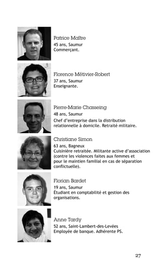 Patrice Maître
45 ans, Saumur
Commerçant.

Florence Métivier-Robert
37 ans, Saumur
Enseignante.

Pierre-Marie Chasseing
48 ans, Saumur
Chef d’entreprise dans la distribution
relationnelle à domicile. Retraité militaire.

Christiane Simon
63 ans, Bagneux
Cuisinière retraitée. Militante active d’association
(contre les violences faites aux femmes et
pour le maintien familial en cas de séparation
conflictuelle).

Florian Bardet
19 ans, Saumur
Étudiant en comptabilité et gestion des
organisations.

Anne Tardy
52 ans, Saint-Lambert-des-Levées
Employée de banque. Adhérente PS.

27

 