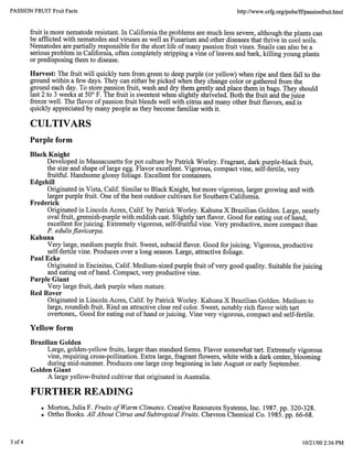 PASSION FRUIT Fruit Facts http://www.crfg.org/pubs/ff/passionfruit.html
fruit is more nematode resistant. In California the problems are much less severe, although the plants can
be afflicted with nematodes and viruses as well as Fusarium and other diseases that thrive in cool soils.
Nematodes are partially responsible for the short life of many passion fruit vines. Snails can also be a
serious problem in California, often completely stripping a vine of leaves and bark, killing young plants
or predisposing them to disease.
Harvest: The fruit will quickly turn from green to deep purple (or yellow) when ripe and then fall to the
ground within a few days. They can either be picked when they change color or gathered from the
ground each day. To store passion fruit, wash and dry them gently and place them in bags. They should
last 2 to 3 weeks at 50° F. The fruit is sweetest when slightly shriveled. Both the fruit and the juice
freeze well. The flavor of passion fruit blends well with citrus and many other fruit flavors, and is
quickly appreciated by many people as they become familiar with it.
CULTIVARS
Purple form
Black Knight
Developed in Massacusetts for pot culture by Patrick Worley. Fragrant, dark purple-black fruit,
the size and shape of large egg. Flavor excellent. Vigorous, compact vine, self-fertile, very
fruitful. Handsome glossy foliage. Excellent for containers.
Edgehill
Originated in Vista, Calif. Similar to Black Knight, but more vigorous, larger growing and with
larger purple fruit. One of the best outdoor cultivars for Southern California.
Frederick
Originated in Lincoln Acres, Calif, by Patrick Worley. Kahuna X Brazilian Golden. Large, nearly
oval fruit, greenish-purple with reddish cast. Slightly tart flavor. Good for eating out of hand,
excellent for juicing. Extremely vigorous, self-fruitful vine. Very productive, more compact than
P. edulisflavicarpa.
Kahuna
Very large, medium purple fruit. Sweet, subacid flavor. Good for juicing. Vigorous, productive
self-fertile vine. Produces over a long season. Large, attractive foliage.
Paul Ecke
Originated in Encinitas, Calif. Medium-sized purple fruit of very good quality. Suitable for juicing
and eating out of hand. Compact, very productive vine.
Purple Giant
Very large fruit, dark purple when mature.
Red Rover
Originated in Lincoln Acres, Calif, by Patrick Worley. Kahuna X Brazilian Golden. Medium to
large, roundish fruit. Rind an attractive clear red color. Sweet, notably rich flavor with tart
overtones,. Good for eating out of hand or juicing. Vine very vigorous, compact and self-fertile.
Yellow form
Brazilian Golden
Large, golden-yellow fruits, larger than standard forms. Flavor somewhat tart. Extremely vigorous
vine, requiring cross-pollination. Extra large, fragrant flowers, white with a dark center, blooming
during mid-summer. Produces one large crop beginning in late August or early September.
Golden Giant
A large yellow-fruited cultivar that originated in Australia.
FURTHER READING
• Morton, Julia F. Fruits of Warm Climates. Creative Resources Systems, Inc. 1987. pp. 320-328.
• Ortho Books. All About Citrus and Subtropical Fruits. Chevron Chemical Co. 1985. pp. 66-68.
3 of 4 10/21/00 2:36 PM
 