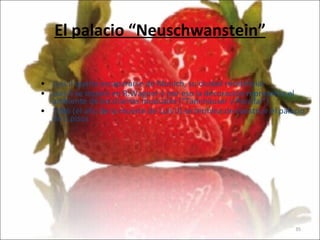 El palacio “Neuschwanstein” Luis II quería escapararse de Munich, su ciudad residencial Luis II se inspiró en R.Wagner y por eso la decoración representa el ambiente de los dramas musicales (“Tannhäuser y Parzifal”) 1886 (el año de la muerte de Luis II) se termina de construir el palacio de 5 pisos               