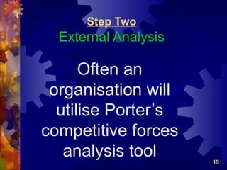 Step Two
  External Analysis

      Often an
 organisation will
  utilise Porter’s
competitive forces
   analysis tool      19
 