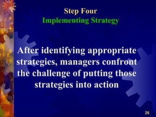 Step Four
      Implementing Strategy


After identifying appropriate
strategies, managers confront
the challenge of putting those
     strategies into action

                                 26
 