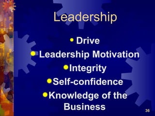 Leadership
         Drive
 Leadership Motivation
      Integrity
   Self-confidence
  Knowledge of the
      Business            36
 