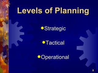Levels of Planning

     Strategic


      Tactical


    Operational


                     8
 