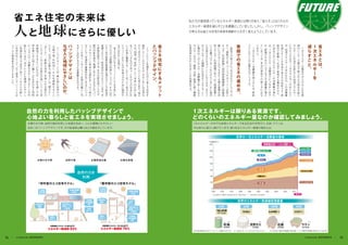 省エネ住宅の未来は
人と地球にさらに優しい
私たちが普段使っているエネルギー資源には限りがあり、「省エネ」とはこれらの
エネルギー資源を減らすことを課題としていました。しかし、パッシブデザイン
の考え方は省エネ住宅の未来を根幹から大きく変えようとしています。
太陽の光や熱、自然の風を利用した快適な住まい、人にも環境にもやさしい
住まいがパッシブデザインです。その削減率は驚くほどの値を示しています。
1次エネルギーの中でも枯渇エネルギーである石油や天然ガス、石炭、ウランは、
今も徐々に減少し続けています。限りあるエネルギー資源の現状とは。
　
１
次
エ
ネ
ル
ギ
ー
は
電
気
や
ガ
ス
の
元
と
な
る
資
源
の
こ
と
で
、
太
陽
光
や
風
力
な
ど
の
再
生
可
能
エ
ネ
ル
ギ
ー
と
石
油
や
石
炭
な
ど
の
枯
渇
エ
ネ
ル
ギ
ー
に
分
け
ら
れ
ま
す
。
１
次
エ
ネ
ル
ギ
ー
の
ほ
と
ん
ど
が
、
枯
渇
エ
ネ
ル
ギ
ー
で
ま
か
な
わ
れ
、
こ
の
消
費
量
を
減
ら
す
こ
と
が
本
来
の
省
エ
ネ
の
目
的
で
す
。
家
庭
内
で
節
電
し
、
生
活
で
使
用
す
る
電
気
や
ガ
ス
、
灯
油
な
ど
の
２
次
エ
ネ
ル
ギ
ー
の
消
費
量
が
減
れ
ば
、
１
次
エ
ネ
ル
ギ
ー
消
費
減
少
に
つ
な
が
り
ま
す
が
、
節
電
だ
け
を
行
い
ガ
ス
な
ど
の
消
費
量
が
増
え
て
し
ま
っ
て
は
、
本
当
の
意
味
で
の
省
エ
ネ
に
は
な
り
ま
せ
ん
。
　
１
次
エ
ネ
ル
ギ
ー
消
費
量
を
減
ら
す
に
は
、
家
庭
で
ど
ん
な
こ
と
が
必
要
な
の
で
し
ょ
う
か
。
　
家
庭
で
の
省
エ
ネ
に
つ
な
が
る
も
の
と
し
て
は
、
大
き
く
「
建
物
の
工
夫
（
パ
ッ
シ
ブ
デ
ザ
イ
ン
）
」「
自
然
エ
ネ
ル
ギ
ー
利
用
設
備
」「
高
効
率
設
備
機
器
」「
発
電
装
置
」
に
分
け
る
こ
と
が
で
き
ま
す
。
太
陽
光
発
電
は
自
然
エ
ネ
ル
ギ
ー
利
用
設
備
で
あ
り
、
か
つ
発
電
装
置
と
い
う
位
置
づ
け
で
す
。
こ
れ
ら
の
４
つ
を
い
か
に
適
切
に
活
用
す
る
か
が
ポ
イ
ン
ト
に
な
り
ま
す
。
ま
た
２
次
エ
ネ
ル
ギ
ー
の
種
類
に
も
注
目
す
べ
き
で
す
。
と
く
に
電
気
は
１
次
エ
ネ
ル
ギ
ー
消
費
量
が
多
く
な
る
エ
ネ
ル
ギ
ー
な
の
で
、
暖
房
・
冷
房
・
給
湯
に
使
う
機
器
を
高
効
率
な
も
の
に
す
る
こ
と
が
効
果
的
で
す
。
　
こ
う
し
た
こ
と
を
踏
ま
え
な
が
ら
省
エ
ネ
住
宅
を
検
討
し
て
い
く
わ
け
で
す
が
、
そ
の
と
き
に
は
当
然
な
が
ら
「
自
分
の
メ
リ
ッ
ト
」
の
こ
と
も
考
え
ま
す
。
省
エ
ネ
は
「
地
域
、
国
、
世
界
」
そ
し
て
「
未
来
」
の
た
め
に
進
め
て
い
く
べ
き
も
の
で
あ
り
、
こ
れ
か
ら
の
社
会
に
お
い
て
非
常
に
重
要
で
す
。
し
か
し
、
ま
っ
た
く
自
分
た
ち
に
メ
リ
ッ
ト
が
な
い
も
の
を
省
エ
ネ
の
た
め
に
選
択
す
る
の
は
お
か
し
な
話
で
す
。
　
省
エ
ネ
住
宅
に
す
る
メ
リ
ッ
ト
と
し
て
ま
ず
思
い
浮
か
ぶ
の
が
「
光
熱
費
の
削
減
」
で
し
ょ
う
が
、
そ
れ
以
外
に
も
一
定
の
断
熱
性
能
基
準
を
満
た
す
こ
と
で
税
金
が
減
額
さ
れ
た
り
、
助
成
金
が
も
ら
え
た
り
し
ま
す
。
ま
た
断
熱
性
能
を
上
げ
る
、
冬
の
日
射
を
採
り
入
れ
る
、
夏
の
日
射
を
遮
る
、
風
通
し
を
よ
く
す
る
な
ど
の
「
パ
ッ
シ
ブ
デ
ザ
イ
ン
」
と
呼
ば
れ
る
設
計
を
し
っ
か
り
考
え
る
こ
と
で
、
快
適
性
や
健
康
性
が
向
上
す
る
と
い
う
メ
リ
ッ
ト
が
あ
り
、
こ
の
メ
リ
ッ
ト
は
毎
日
の
暮
ら
し
を
大
き
く
左
右
す
る
の
で
大
変
重
要
な
も
の
で
す
。
　
パ
ッ
シ
ブ
デ
ザ
イ
ン
と
は
、
最
大
限
に
自
然
の
力
（
太
陽
や
風
）
を
利
用
し
、
そ
れ
を
調
節
す
る
こ
と
に
よ
り
、
生
活
に
必
要
な
「
明
る
さ
」
や
「
暖
か
さ
」
、
「
涼
し
さ
」
、「
新
鮮
な
空
気
」
を
得
ら
れ
る
設
計
の
こ
と
で
す
。
こ
の
よ
う
な
設
計
が
高
い
レ
ベ
ル
で
将
来
実
現
で
き
る
よ
う
に
な
れ
ば
、
１
年
を
通
し
て
自
然
を
感
じ
る
心
地
よ
い
暮
ら
し
が
生
ま
れ
る
と
同
時
に
、
エ
ネ
ル
ギ
ー
消
費
を
大
き
く
減
ら
す
こ
と
が
可
能
に
な
り
ま
す
。
ま
さ
に
人
に
も
環
境
に
も
や
さ
し
い
快
適
な
省
エ
ネ
住
宅
で
あ
り
、
こ
れ
か
ら
の
新
し
い
住
宅
の
形
と
し
て
、
広
く
普
及
し
て
い
く
こ
と
は
リ
ア
ル
に
現
実
味
を
お
び
て
き
ま
し
た
。
省
エ
ネ
と
は
、
1
次
エ
ネ
ル
ギ
ー
を
減
ら
す
こ
と
。
家
庭
で
の
省
エ
ネ
の
進
め
方
。
省
エ
ネ
住
宅
に
す
る
メ
リ
ッ
ト
と
パ
ッ
シ
ブ
デ
ザ
イ
ン
。
パ
ッ
シ
ブ
デ
ザ
イ
ン
は
な
ぜ
人
と
地
球
に
や
さ
し
い
の
か
。
1次エネルギーは限りある資源です。
どのくらいのエネルギー量なのか確認してみましょう。
自然の力を利用したパッシブデザインで
心地よい暮らしと省エネを実現させましょう。
未来
FUTURE
世界の一次エネルギー消費量の推移
世界のエネルギー資源確認埋蔵量
自然の力を
利用
太陽の光や熱 自然の風 太陽熱温水器 太陽光発電
53年
1兆6,689億
バーレル
石油
（2012年末）
天然ガス
（2012年末）
石炭
（2012年末）
ウラン
（2011年1月）
56年
187兆㎥
109年
8,609億トン
93年
533万トン
（注）四捨五入の関係で合計値が合わない場合がある　〔　〕内は全体に占める割合
※1 ※1 ※1 ※2
（注）可採年数＝確認可採埋蔵量/年間生産量　ウランの確認可採埋蔵量は費用130ドル/kgU未満出典：電気事業連合会「原子力・エネルギー図面集」を元に作成。　※1 BP統計2013、※2 OECD・IAEA「Uranlum 2011」
太陽光発電
（3kW）
太陽熱
温水器
通風と
日当たり
高効率な
機器 日射
遮へい
日射熱
利用暖房
（窓）
次世代省エネ
基準レベル
の断熱
太陽光発電
（4kW）
太陽熱
温水器
通風と
日当たり
高効率な
機器
日射
遮へい
日射熱
利用暖房
（窓）次世代省エネ
基準レベル
の断熱
「都市型のエコ住宅モデル」「郊外型のエコ住宅モデル」
16 Lifestyle MEMB E R S 15Lifestyle MEMBERS
 