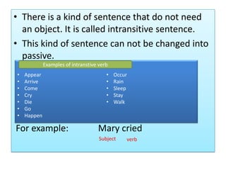 • There is a kind of sentence that do not need
an object. It is called intransitive sentence.
• This kind of sentence can not be changed into
passive.
For example: Mary cried
Subject verb
• Appear
• Arrive
• Come
• Cry
• Die
• Go
• Happen
• Occur
• Rain
• Sleep
• Stay
• Walk
Examples of intranstive verb
 