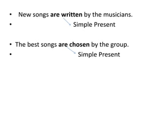 Newsongsare writtenbythemusicians.SimplePresentThebestsongsare chosenbythegroup.SimplePresent