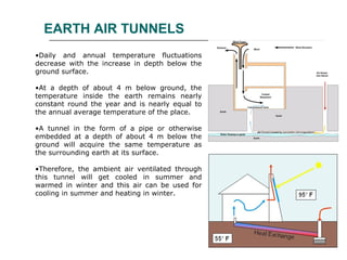 •Daily and annual temperature fluctuations
decrease with the increase in depth below the
ground surface.
•At a depth of about 4 m below ground, the
temperature inside the earth remains nearly
constant round the year and is nearly equal to
the annual average temperature of the place.
•A tunnel in the form of a pipe or otherwise
embedded at a depth of about 4 m below the
ground will acquire the same temperature as
the surrounding earth at its surface.
•Therefore, the ambient air ventilated through
this tunnel will get cooled in summer and
warmed in winter and this air can be used for
cooling in summer and heating in winter.
EARTH AIR TUNNELS
 