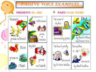 PASSIVE VOICE EXAMPLES
PRESENT: IS, ARE

PAST: WAS, WERE

 