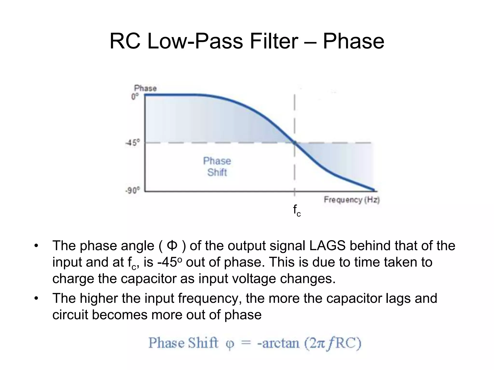 RC Low-Pass Filter – Phase
• The phase angle ( Φ ) of the output signal LAGS behind that of the
input and at fc, is -45o out of phase. This is due to time taken to
charge the capacitor as input voltage changes.
• The higher the input frequency, the more the capacitor lags and
circuit becomes more out of phase
fc
 