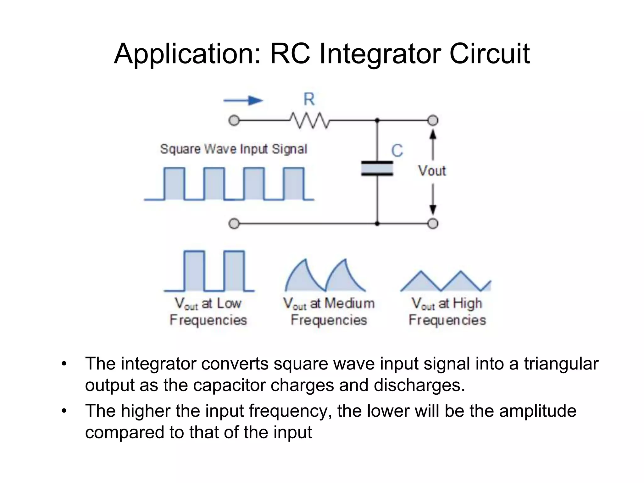 Application: RC Integrator Circuit
• The integrator converts square wave input signal into a triangular
output as the capacitor charges and discharges.
• The higher the input frequency, the lower will be the amplitude
compared to that of the input
 