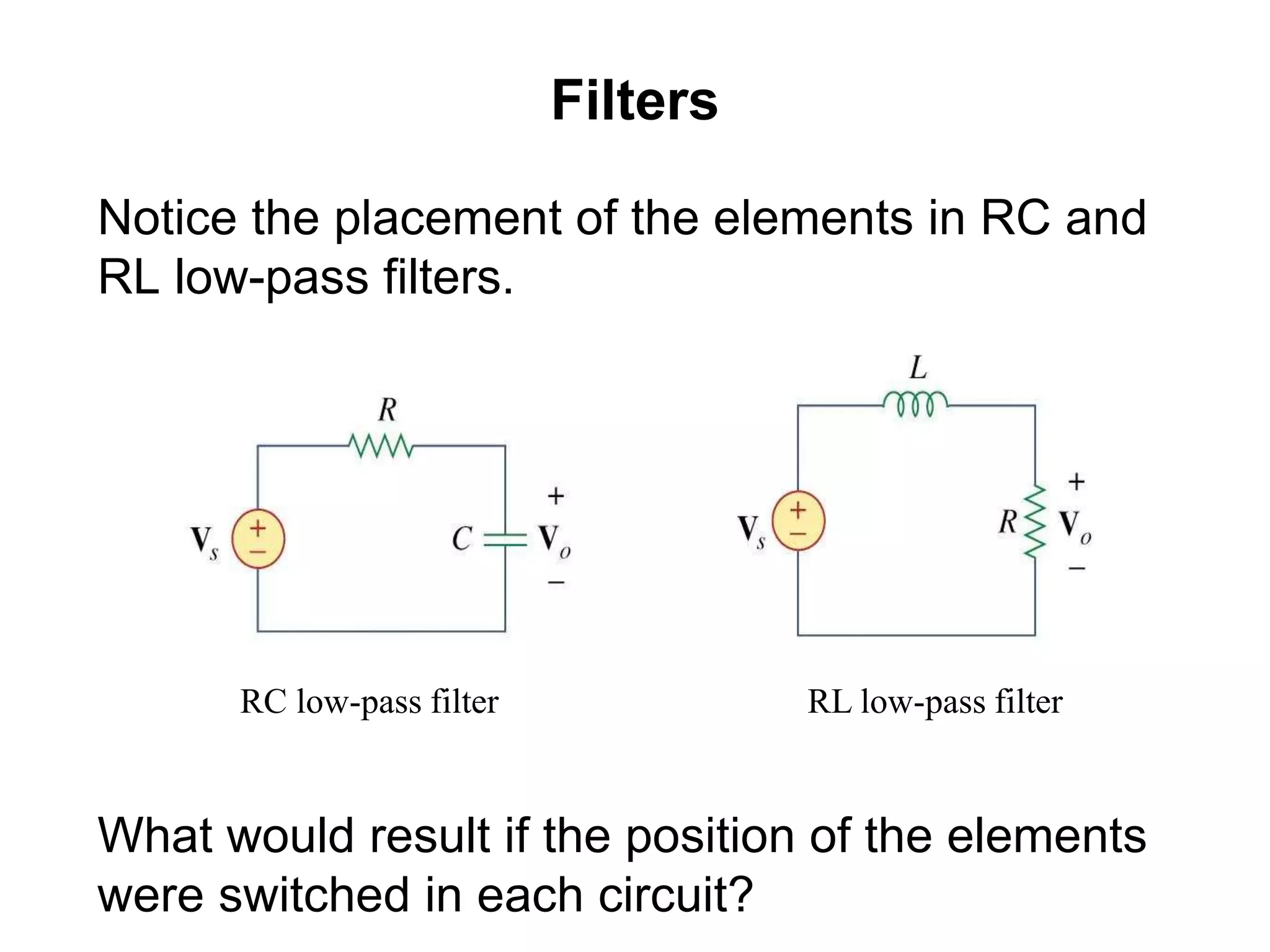 Filters
Notice the placement of the elements in RC and
RL low-pass filters.
What would result if the position of the elements
were switched in each circuit?
RL low-pass filterRC low-pass filter
 