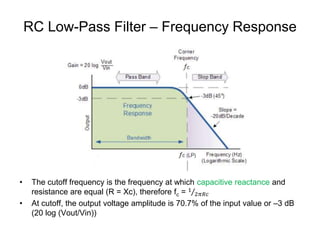 RC Low-Pass Filter – Frequency Response
• The cutoff frequency is the frequency at which capacitive reactance and
resistance are equal (R = Xc), therefore fc = 1
2𝜋𝑅𝑐
• At cutoff, the output voltage amplitude is 70.7% of the input value or –3 dB
(20 log (Vout/Vin))
 