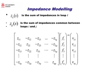 Impedance ModellingImpedance Modelling
• is the sum of impedances in loop I
• is the sum of impedances common between
• loops i and j
11 12 13 1 1 1
12 22 23 2 2 2
13 22 33 3 3 3
1 2 3
... q s
q s
q s
q q q qq q sq
z z z z f v
z z z z f v
z z z z f v
z z z z f v
    
       
      
    
       
    
    
          


     

zii(s)
( )ijz s
 