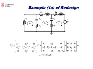 Example (1a) of RedesignExample (1a) of Redesign
1 1
1 111 1
1 1 1 1
1 1 2 3 3 21 1 2 2
1 1
3 3 4 32 2
1
0 0 0 00
( )
0 0
0 0 00
.
R RC C
Z s s s
R R R R R LC C C C
R R R LC C
s C D sB
 

   
 

     
     
                  
           
  
 