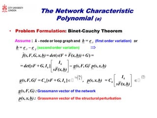 The Network CharacteristicThe Network Characteristic
PolynomialPolynomial (a)(a)
• Problem Formulation: Binet-Cauchy Theorem




( )
[ ]

i
i j
k
k
-k b = e
b = e e
f(s,F,G, x,b)= det s(F + F(x,b))+ G =
I
= det sF + G, I
sF(x,b)
(second order
(firs
variatio
node or loop graph a t order variation)nd or
n)
Assume :
   2k
k
2k1
k
x

 

 
  
 
[ ]
t
kt
k k k
g(s,F,G) p(s, x,b)
I
g(s,F,G) = C sF + G, I , p(s, x,b) = C
sF(x,b)
g(s,F,G) :
p(s, x,b) : Grass
Grassmann vector of
mann vector of the
the netw
structu
ork
ralperturbation
 