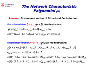 The Network CharacteristicThe Network Characteristic
PolynomialPolynomial (b)(b)
• Lemma: Grassmann vector of Structural Perturbation
, ,
( )=( , ( )
i
sx
sign

    
  

    

k,2k
[ ],
) Q
( ) ( ) ( )
j
1,0,..,a 0,...,0 a
1,.., -1, +1,k,...k+
b= e
b=
p(s,x,b),
p s,x,e =
p(s,x,b)e e
firstorder variation
secondorder varia
hasthestructure:
tion : ha-
:
1 2 3 4,
( ) , r= ( )
( )=( , ( )=(
i
r
j j i j j j
r sx r
   
  
 
 
k,2k
[ ]
) Q
( ) , , ,j ( ) ( ) ( ) ( )
( )
1,0,..,a 0,...,0,a 0,...,0,a 0,...,0,a 0,...,0
a 1,2,3,4 1
1 1,2,.., -1, +1,...,k,k+ 2 1,2,.., -1, +1,...,k,k+
p s,x,e e =
sthestructure:
-
,
( )=( , ( )=(i i i i j 

 
k,2k
k,2k k,2k
) Q
) Q ) Q3 1,2,..,i -1, +1,...,k,k+ 4 1,2,.., -1, +1,...,k,k+
 