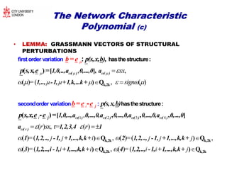 The Network CharacteristicThe Network Characteristic
PolynomialPolynomial (c)(c)
• LEMMA: GRASSMANN VECTORS OF STRUCTURAL
PERTURBATIONS
, ,
( )=( , ( )
i
sx
sign

    
  

    

k,2k
[ ],
) Q
( )
firstorder variation
secondorder
hasthestructure:
variation ha:-
:
( ) ( )
j
1,0,..,a 0,...,0 a
1,.., -1, +1,k,...k+
p(s,x,b),
p s,x,e =
p(s,
b= e
b= e e x,b)
1 2 3 4,
( ) , r= ( )
( )=( , ( )=(
i
r
j j i j j j
r sx r
   
  
 
 
k,2k
[ ]
) Q
( ) , , ,
sthestructure:
- j ( ) ( ) ( ) ( )
( )
1,0,..,a 0,...,0,a 0,...,0,a 0,...,0,a 0,...,0
a 1,2,3,4 1
1 1,2,.., -1, +1,...,k,k+ 2 1,2,.., -1, +1,...,k,k+
p s,x,e e =
,
( )=( , ( )=(i i i i j 

 
k,2k
k,2k k,2k
) Q
) Q ) Q3 1,2,..,i -1, +1,...,k,k+ 4 1,2,.., -1, +1,...,k,k+
 