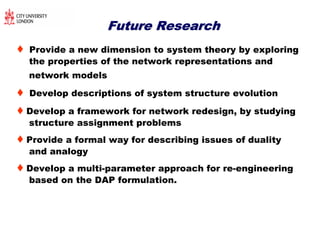 Future ResearchFuture Research
♦ Provide a new dimension to system theory by exploring
the properties of the network representations and
network models
♦ Develop descriptions of system structure evolution
♦ Develop a framework for network redesign, by studying
structure assignment problems
♦ Provide a formal way for describing issues of duality
and analogy
♦ Develop a multi-parameter approach for re-engineering
based on the DAP formulation.
 
