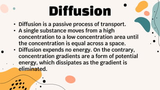 Diffusion
• Diffusion is a passive process of transport.
• A single substance moves from a high
concentration to a low concentration area until
the concentration is equal across a space.
• Diffusion expends no energy. On the contrary,
concentration gradients are a form of potential
energy, which dissipates as the gradient is
eliminated.
 
