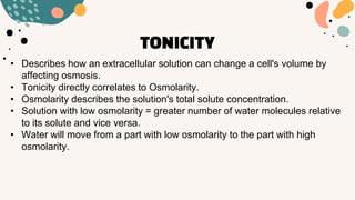 TONICITY
• Describes how an extracellular solution can change a cell's volume by
affecting osmosis.
• Tonicity directly correlates to Osmolarity.
• Osmolarity describes the solution's total solute concentration.
• Solution with low osmolarity = greater number of water molecules relative
to its solute and vice versa.
• Water will move from a part with low osmolarity to the part with high
osmolarity.
 
