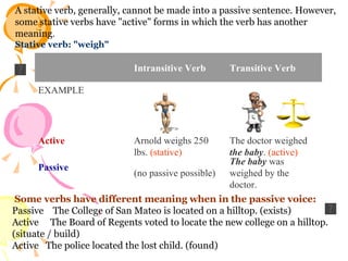 A stative verb, generally, cannot be made into a passive sentence. However, some stative verbs have "active" forms in which the verb has another meaning . Stative verb: "weigh"     Some verbs have different meaning when in the passive voice: Passive    The College of San Mateo is located on a hilltop. (exists)  Active     The Board of Regents voted to locate the new college on a hilltop. (situate / build) Active   The police located the lost child. (found) The baby  was weighed by the doctor.  (no passive possible)  Passive The doctor weighed  the baby .  (active)   Arnold weighs 250 lbs.  (stative) Active                                                                               EXAMPLE Transitive Verb Intransitive Verb   