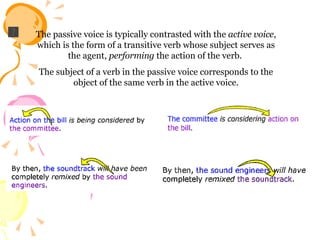The passive voice is typically contrasted with the  active voice , which is the form of a transitive verb whose subject serves as the agent,  performing  the action of the verb.  The subject of a verb in the passive voice corresponds to the object of the same verb in the active voice. 