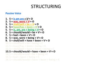 STRUCTURING
Passive Voice
1. S + is am are + V3
+ O
2. S + was, were + V3
+ O
3. S + shall/will + be + V3
+ O
4. S + have/has + been + V3
+ O
5. S + is, am, are + being + V3
+ O
6. S + should/would + be + V3
+ O
7. S + had + been + V3
+ O
8. S + was, were + being + V3
+ O
9. S + shall/will + have + been + V3
+ O
10.S + shall/will + be + being + C
11.S + have/has + been + being + C
12.S + shall/will + have + been + being + C
13.S + should/would + have + been + V3
+ O
14.S + should/would + be + being +C
15.S + had + been + being + C
16.S + should/would + have + been + being + C
 
