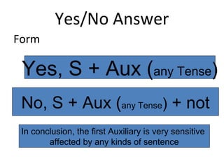 Yes/No Answer
Form
Yes, S + Aux (any Tense)
No, S + Aux (any Tense) + not
In conclusion, the first Auxiliary is very sensitive
affected by any kinds of sentence
 