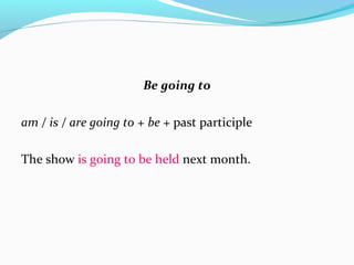Be going to
am / is / are going to + be + past participle
The show is going to be held next month.
 