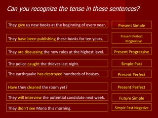 Can you recognize the tense in these sentences?

They give us new books at the beginning of every year.      Present Simple

                                                             Present Perfect
They have been publishing these books for ten years.            Progressive


They are discussing the new rules at the highest level.   Present Progressive

The police caught the thieves last night.                    Simple Past

The earthquake has destroyed hundreds of houses.            Present Perfect

Have they cleaned the room yet?                            Present Perfect

They will interview the potential candidate next week.      Future Simple

They didn't see Mona this morning.                        Simple Past Negative
 