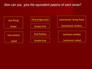Now can you give the equivalent passive of each tense?



   was fixing      Past progressive   (was/were) being fixed

     broke           Simple Past        (was/were) broken


  had notified       Past Perfect        had been notified

     asked           Simple Past         (was/were) asked
 