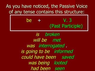 As you have noticed, the Passive Voice
 of any tense contains this structure:
         be   +            V. 3
                    (Past Participle)
             is broken
            will be met
         was interrogated .
      is going to be informed
      could have been saved
          was being looted
           had been seen
 