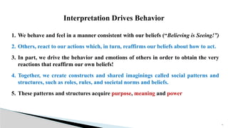 14
1. We behave and feel in a manner consistent with our beliefs (“Believing is Seeing!”)
2. Others, react to our actions which, in turn, reaffirms our beliefs about how to act.
3. In part, we drive the behavior and emotions of others in order to obtain the very
reactions that reaffirm our own beliefs!
4. Together, we create constructs and shared imaginings called social patterns and
structures, such as roles, rules, and societal norms and beliefs.
5. These patterns and structures acquire purpose, meaning and power
Interpretation Drives Behavior
 