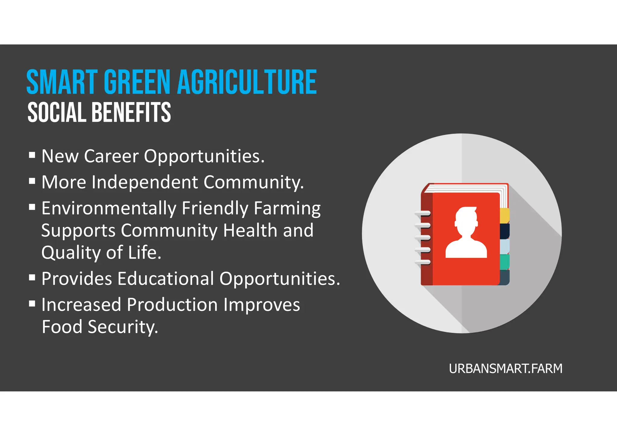 URBANSMART.FARM
 New Career Opportunities.
 More Independent Community.
 Environmentally Friendly Farming
Supports Community Health and
Quality of Life.
 Provides Educational Opportunities.
 Increased Production Improves
Food Security.
social Benefits
Smart Green Agriculture
 