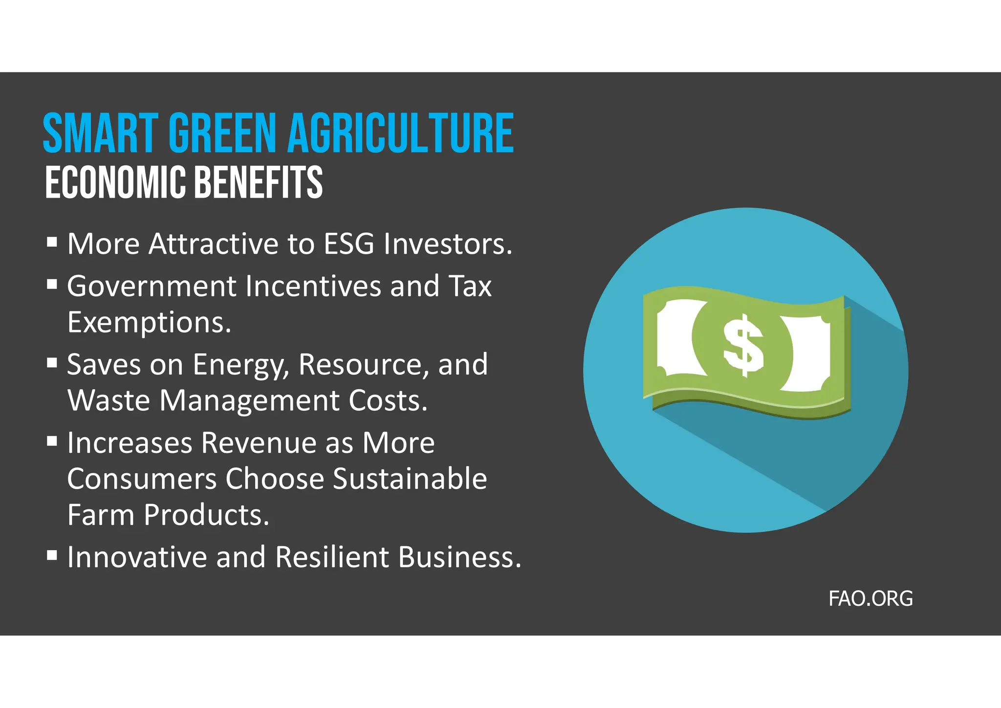 More Attractive to ESG Investors.
 Government Incentives and Tax
Exemptions.
 Saves on Energy, Resource, and
Waste Management Costs.
 Increases Revenue as More
Consumers Choose Sustainable
Farm Products.
 Innovative and Resilient Business.
FAO.ORG
EconomicBenefits
Smart Green Agriculture
 
