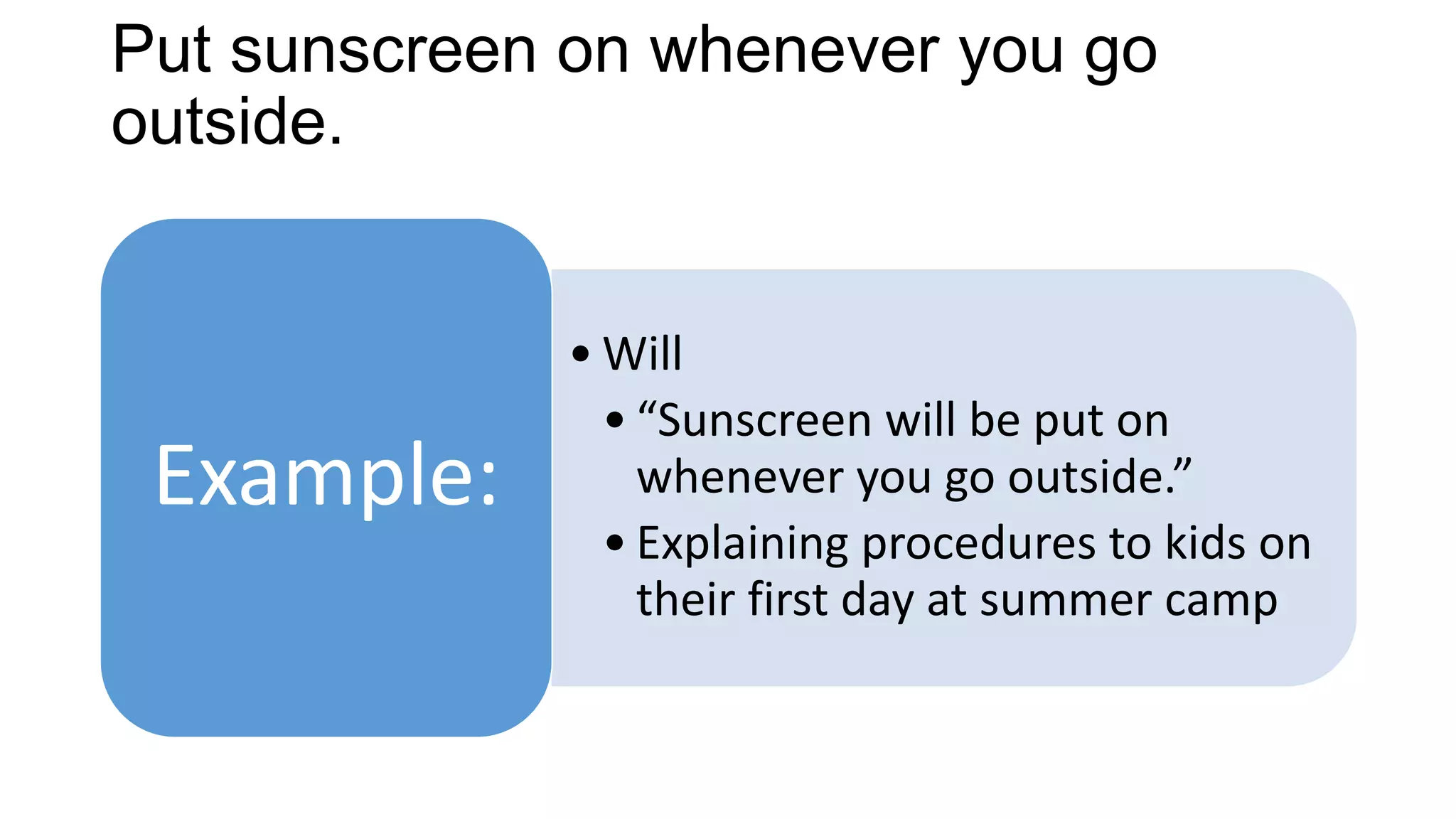Put sunscreen on whenever you go
outside.
• Will
• “Sunscreen will be put on
whenever you go outside.”
• Explaining procedures to kids on
their first day at summer camp
Example:
