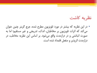 ‫نظریه‬‫کبشت‬
•‫دس‬‫ایي‬ِ‫ًظشی‬ِ‫ک‬‫ثیطتش‬‫دس‬‫هَسد‬‫تلَیضیَى‬‫هغشح‬،ُ‫ضذ‬‫جشج‬‫گشثٌش‬‫چٌیي‬‫عٌَاى‬
‫کٌذ‬‫هی‬ِ‫ک‬‫اثشات‬‫تلَیضیَى‬‫ثش‬،‫هخبعجبى‬،‫اًذک‬‫تذسیجی‬ٍ‫غیش‬‫هستقین؛‬‫اهب‬ِ‫ث‬
‫صَست‬‫اًجبضتی‬ٍ‫دس‬‫دساصهذت‬‫ٍاقع‬‫ضَد‬‫هی‬.‫ثش‬‫اسبس‬‫ایي‬ِ‫ًظشی‬،‫هخبعت‬‫دس‬
‫دساصهذت‬‫اثشپزیش‬ٍ‫هٌفعل‬‫قلوذاد‬ُ‫ضذ‬‫است‬.
 