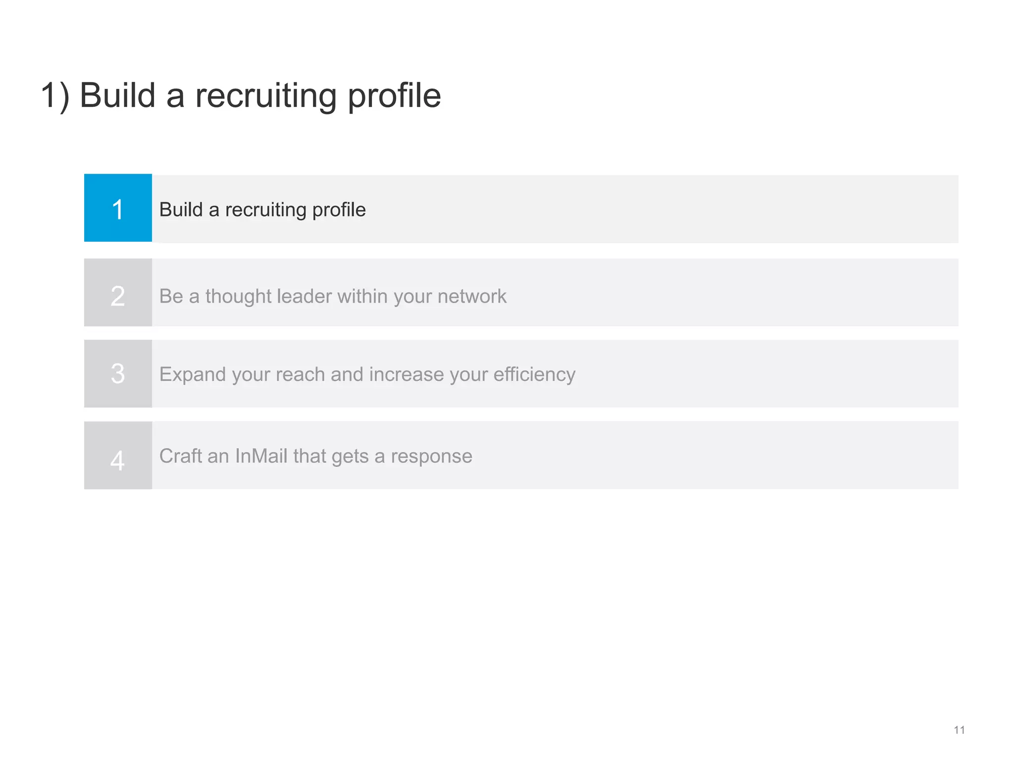 11
Build a recruiting profile
Be a thought leader within your network
Expand your reach and increase your efficiency
Craft an InMail that gets a response
1
2
3
4
1) Build a recruiting profile
 