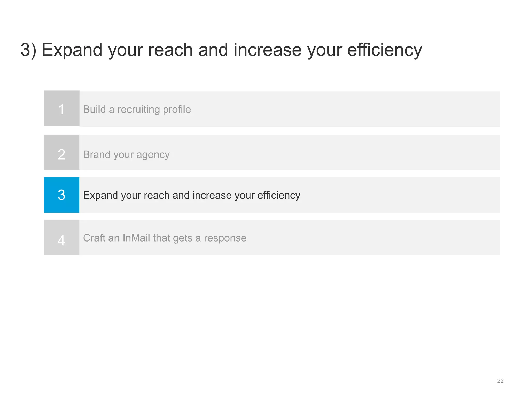 22
Build a recruiting profile
Brand your agency
Expand your reach and increase your efficiency
Craft an InMail that gets a response
1
2
3
4
3) Expand your reach and increase your efficiency
 