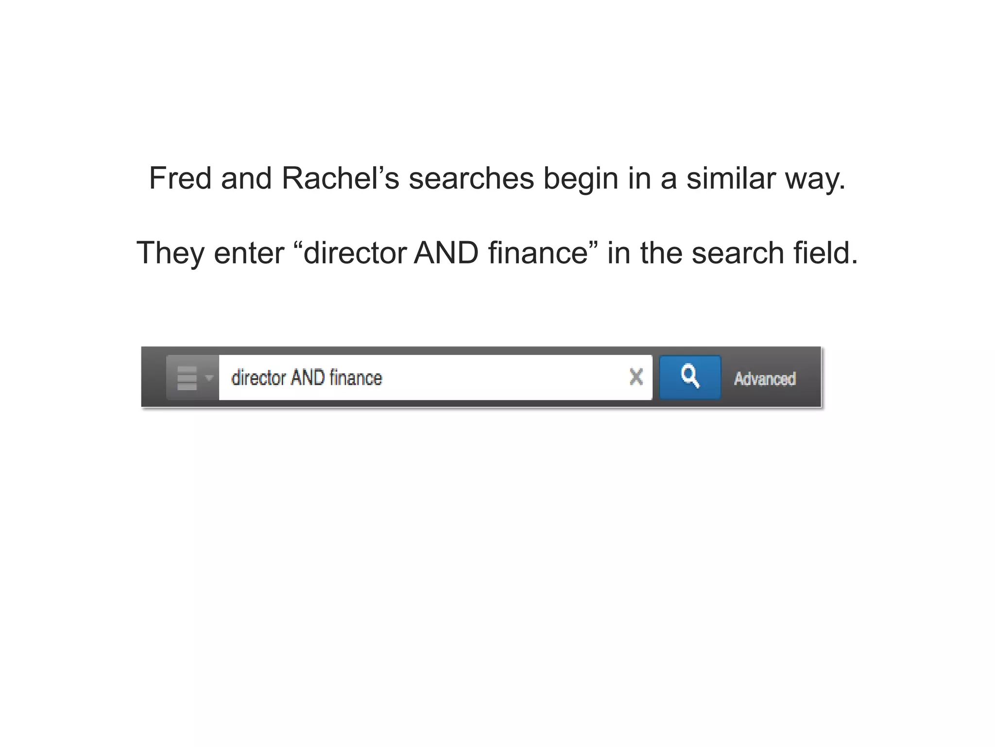 Fred and Rachel’s searches begin in a similar way.
They enter “director AND finance” in the search field.
 