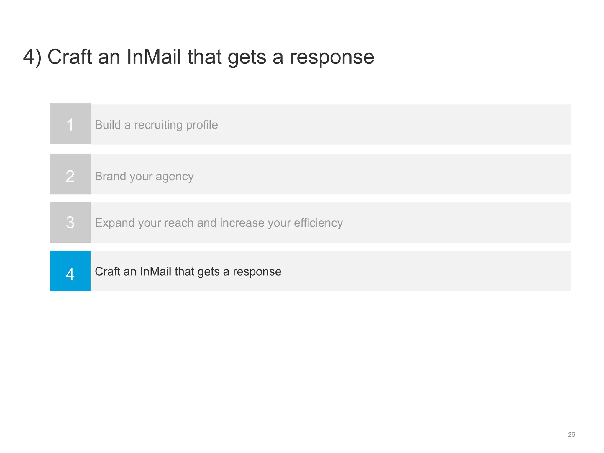 26
Build a recruiting profile
Brand your agency
Expand your reach and increase your efficiency
Craft an InMail that gets a response
1
2
3
4
4) Craft an InMail that gets a response
 