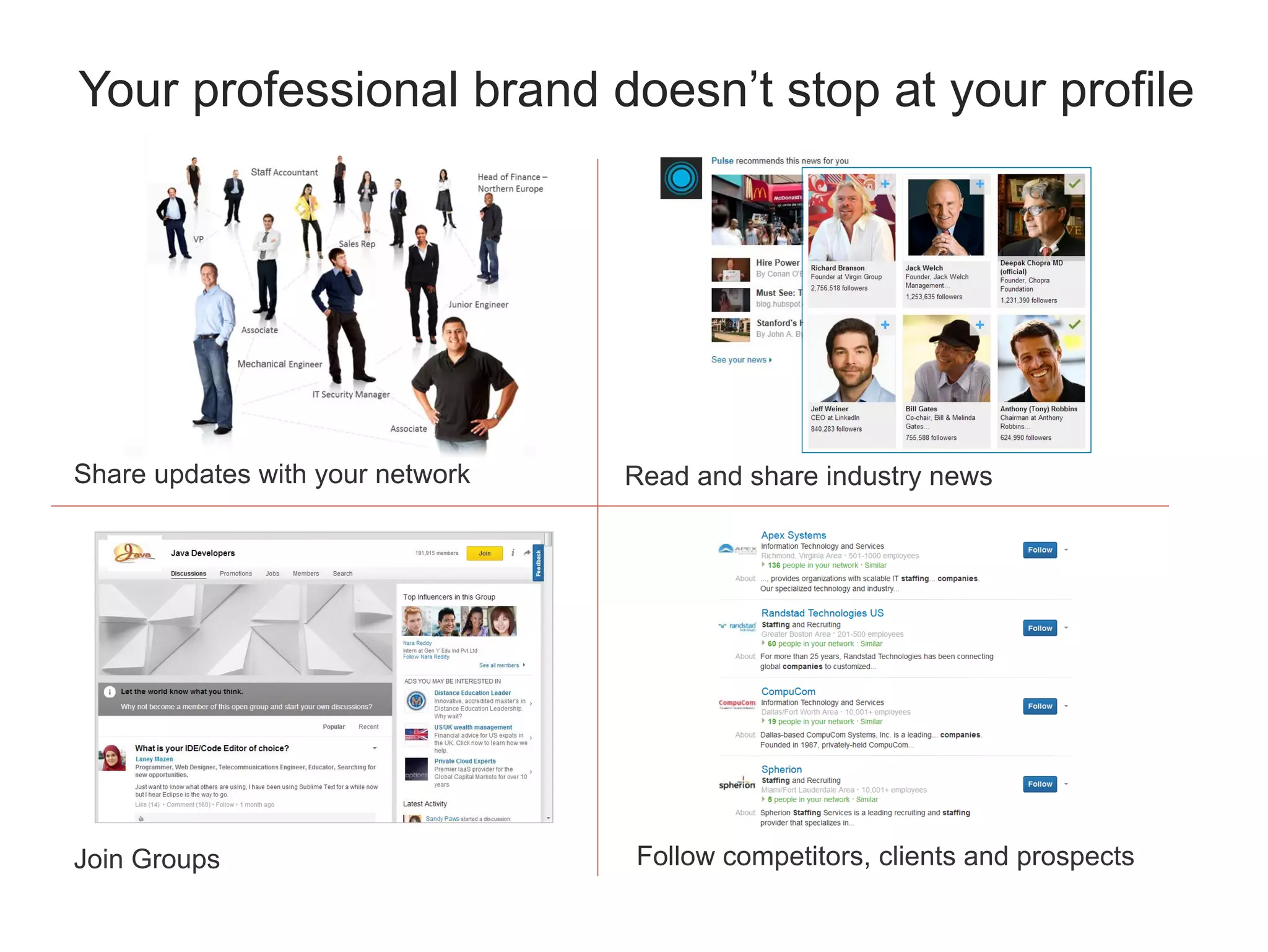 Your professional brand doesn’t stop at your profile
Share updates with your network Read and share industry news
Follow competitors, clients and prospectsJoin Groups
 