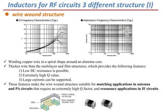  Winding copper wire in a spiral shape around an alumina core.
 Thicker wire than the multilayer and film structures, which provides the following features:
1) Low DC resistance is possible.
2) Extremely high Q value.
3) Large currents can be supported.
 These features make the wire wound structure suitable for matching applications in antenna
and PA circuits that require an extremely high Q factor, and resonance applications in IF circuits.
Inductors for RF circuits 3 different structure (I)
 wire wound structure
 
